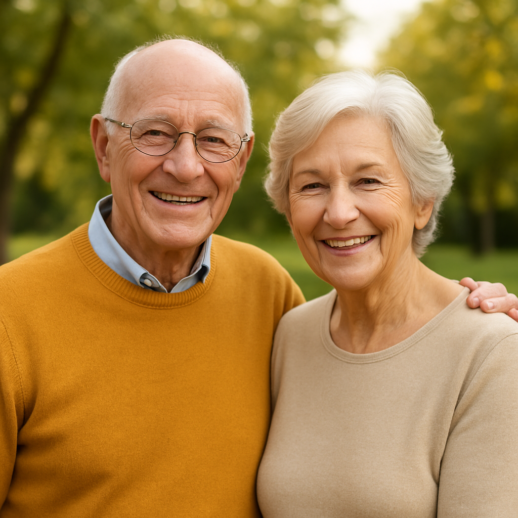 Coppia di pensionati sorridenti all'aperto