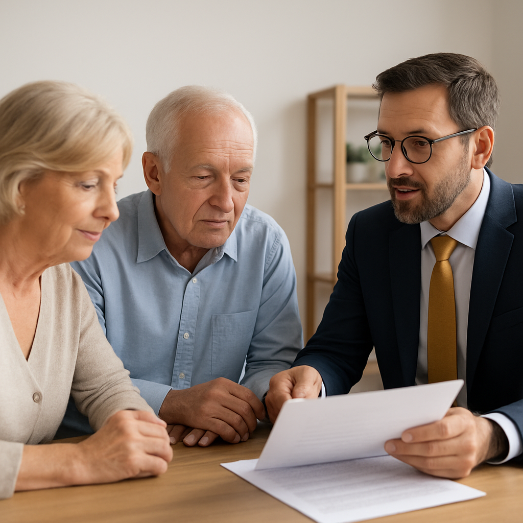 Due pensionati che discutono con un consulente su documenti